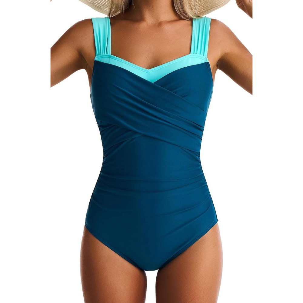 Women Blue Colorblock Ruched Wide Straps Tummy Control One Piece Swimsuit Size M